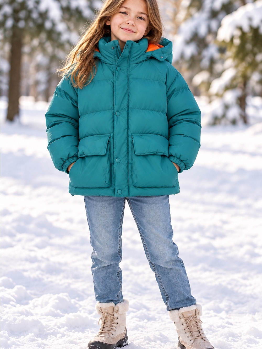 Zara kids teal down puffer jacket size 8–9 hooded winter coat